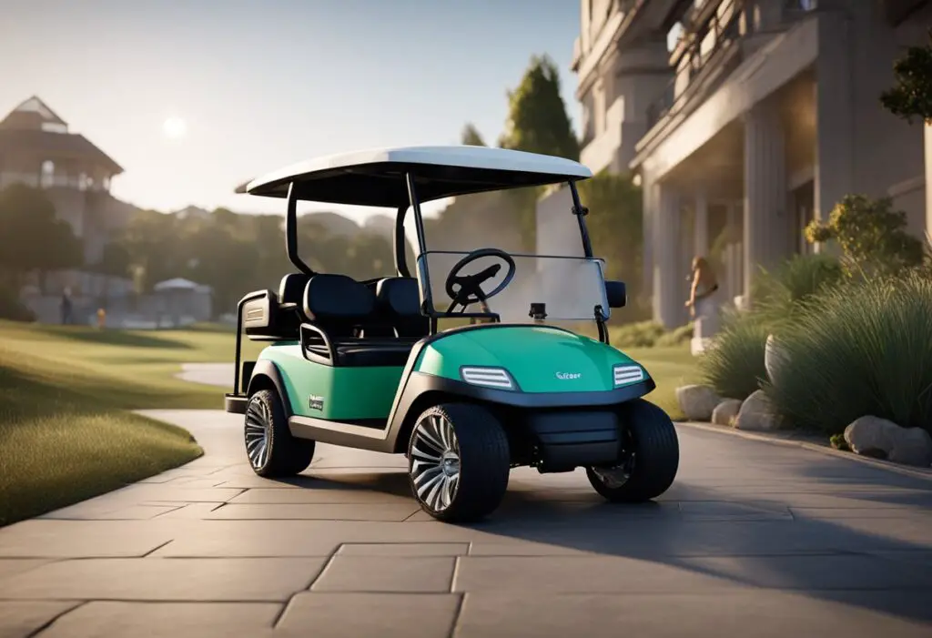 A golf cart sits idle with a dead battery, while a technician troubleshoots power issues
