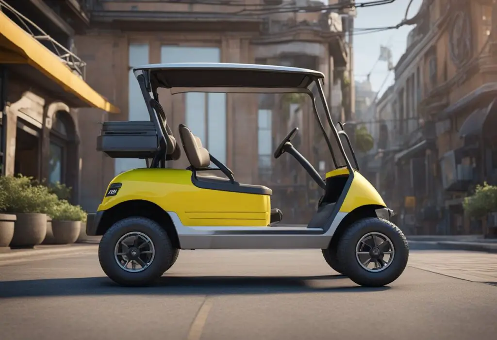 The electric golf cart sits idle, with visible signs of wear and tear on its mechanical and structural components. The battery compartment is open, revealing a tangled mess of wires and cables