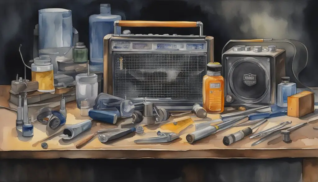 A Harley Davidson radio display sits dark and unresponsive, surrounded by tools and maintenance supplies