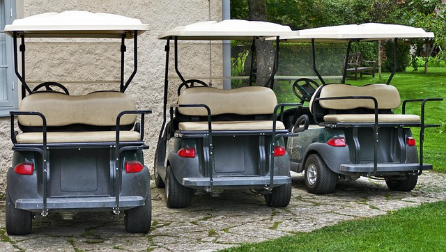 Rear view of three EZGO style golf carts with beige seats and white roofs parked on stone pavement at a golf course