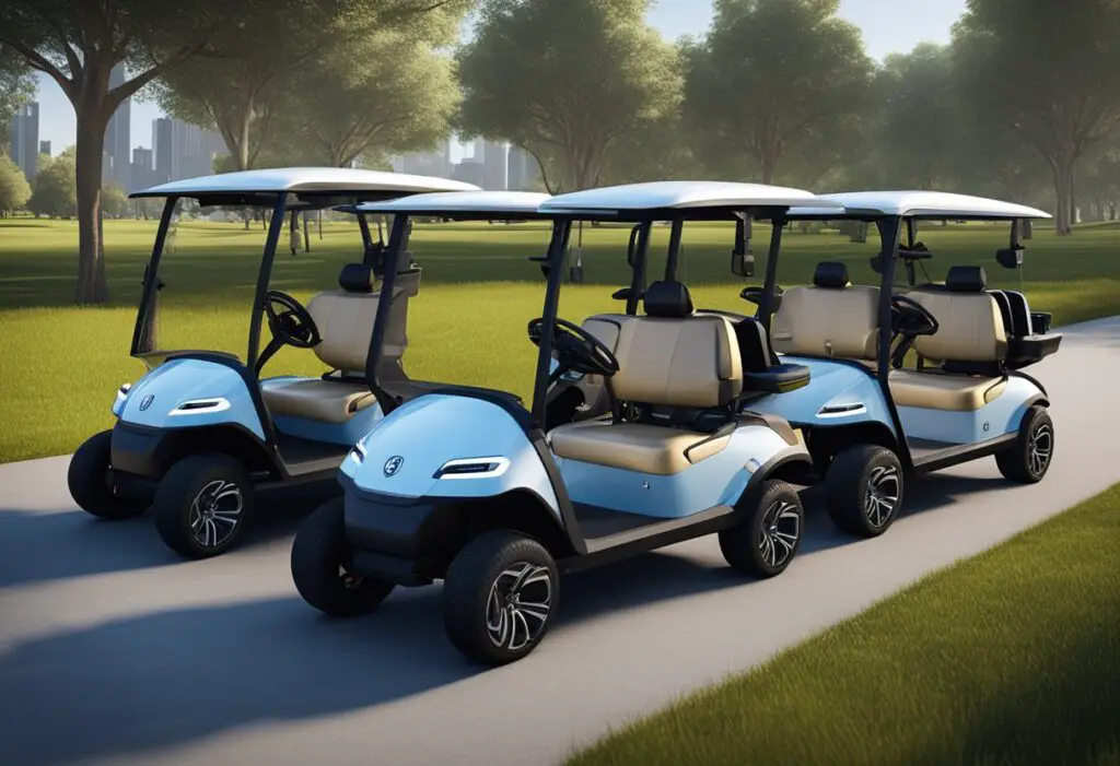 A group of advanced EV golf carts are lined up for review, with technicians analyzing their performance