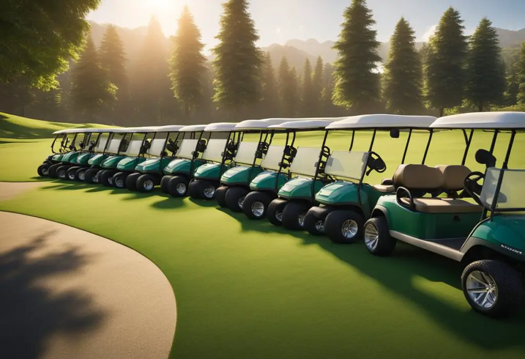 A row of Coleman golf carts lined up neatly on a lush green golf course, with the sun shining brightly overhead and a gentle breeze rustling the trees in the background