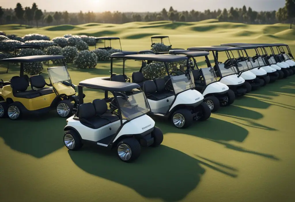 An open field with several advanced electric golf carts lined up for review. Each cart is equipped with practical features for easy use