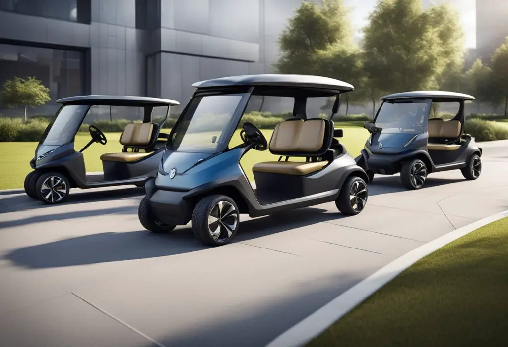 A lineup of sleek, modern EV golf carts with advanced features and a focus on cost and value