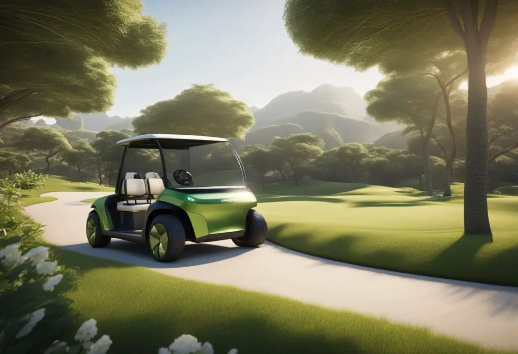 An eco-friendly golf cart glides through a lush, green course. Solar panels gleam on the roof, and recyclable materials make up the sleek, modern design