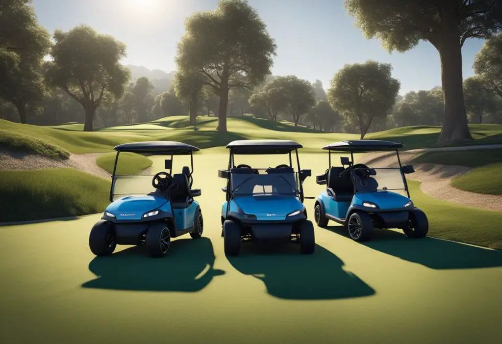 Two golf carts, one advanced EV and one EZGO, racing on a winding course