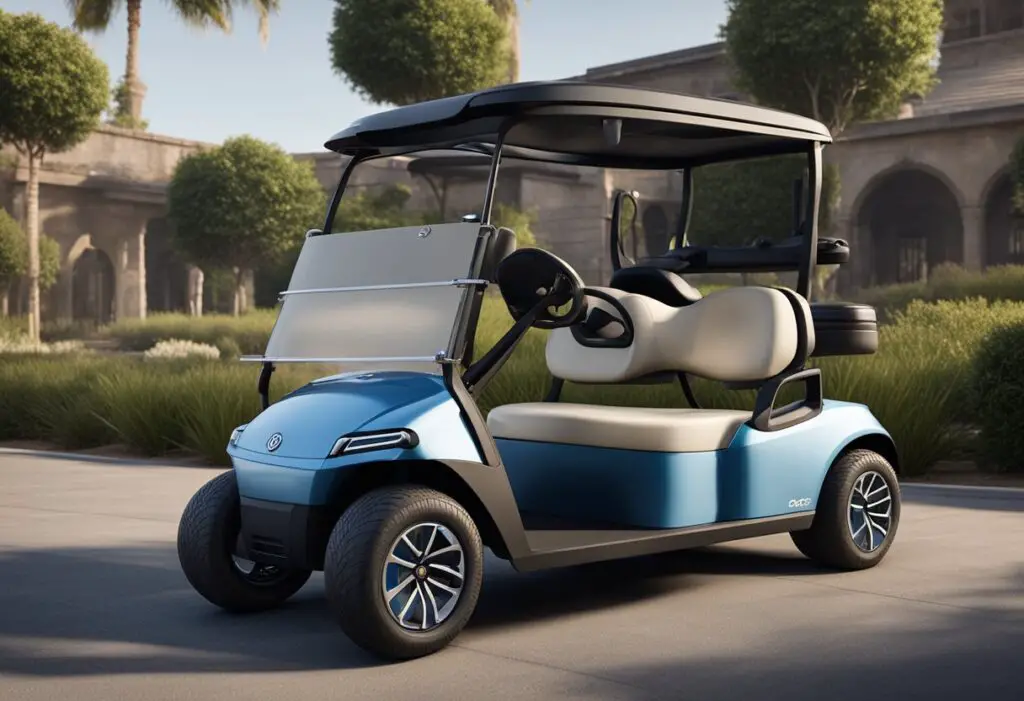 A golf cart with advanced features and specifications is parked next to an EZGO model, showcasing the differences between the two vehicles