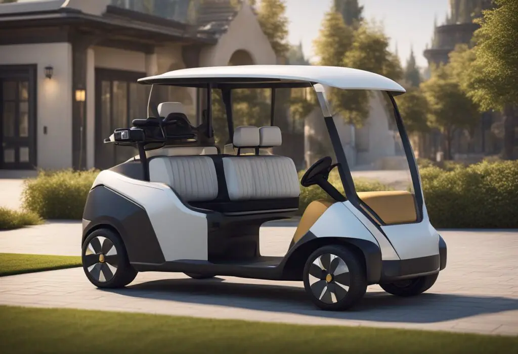 A sleek, modern electric vehicle sits next to a traditional golf cart. The EV is equipped with advanced technology, while the EZGO appears outdated