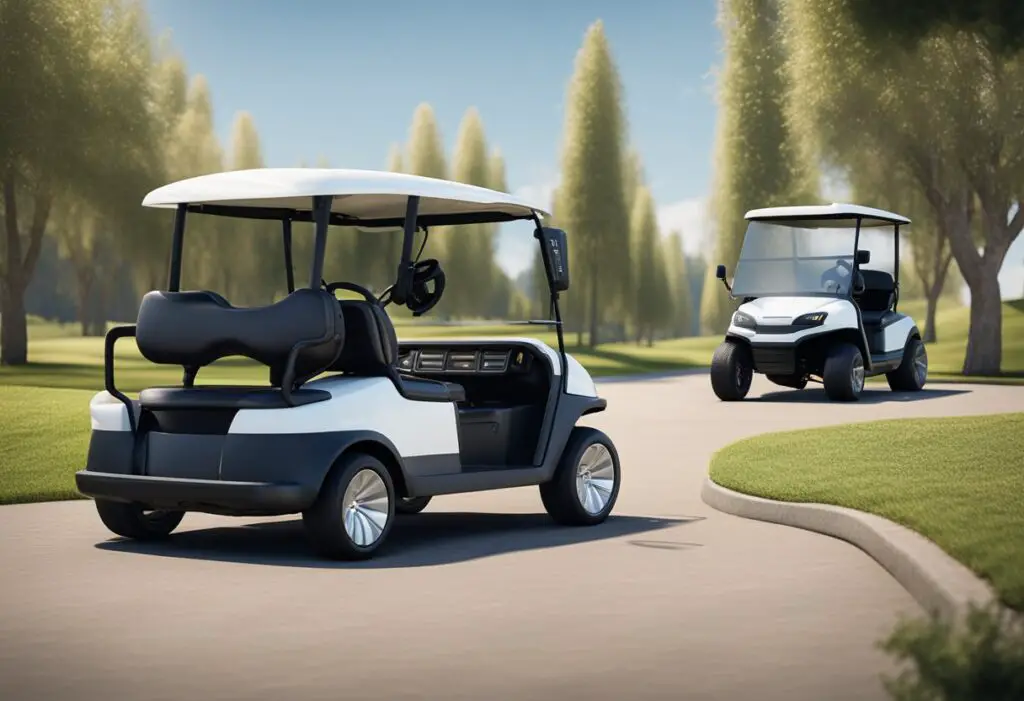 Two golf carts side by side, one labeled "ev" and the other "ezgo." They are positioned for comparison, with a clear view of their features
