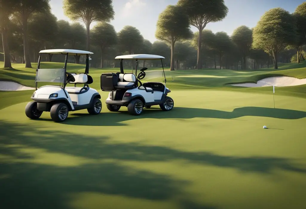 Two golf carts, an advanced EV and a Club Car, facing each other on a green course