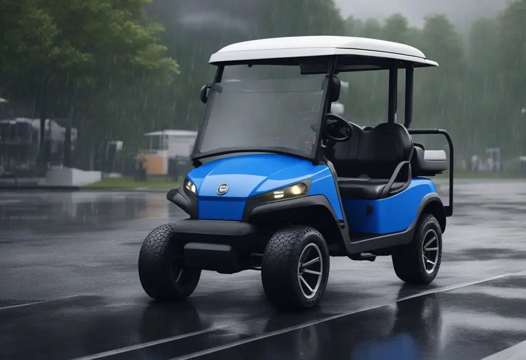 A golf cart sits outside in the rain, its sturdy frame and tires showing resilience. A maintenance worker inspects the cart, checking the battery and cleaning the exterior