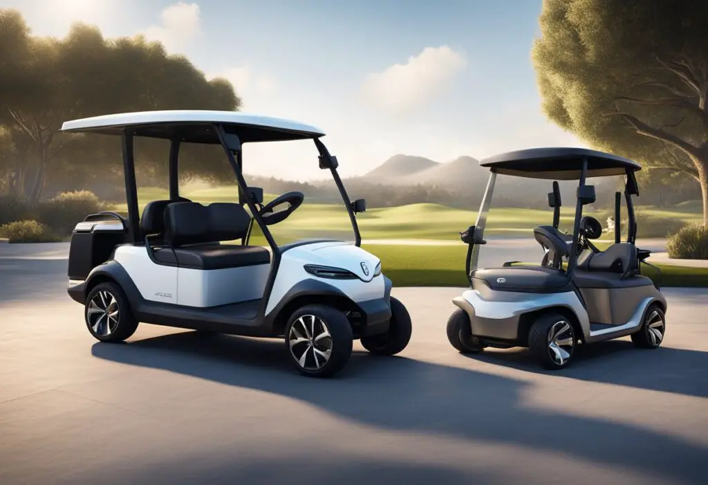 A sleek, modern electric vehicle stands next to a traditional gas-powered golf cart, highlighting the contrast between advanced EV technology and the older Club Car model