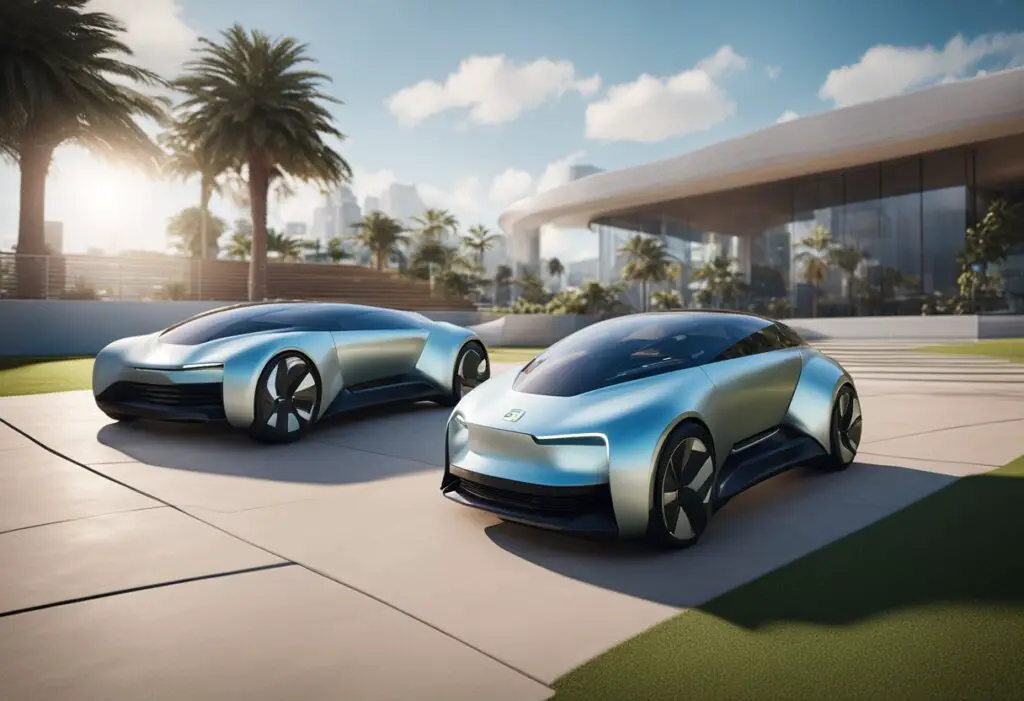 Two Club Cars face off in a futuristic setting, showcasing the advanced electric vehicle technology of Club Car Insights