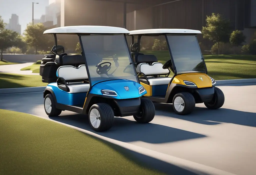 Two golf carts side by side, one labeled "Advanced EV" and the other "Club Car." Each cart's specifications are displayed next to it for comparison