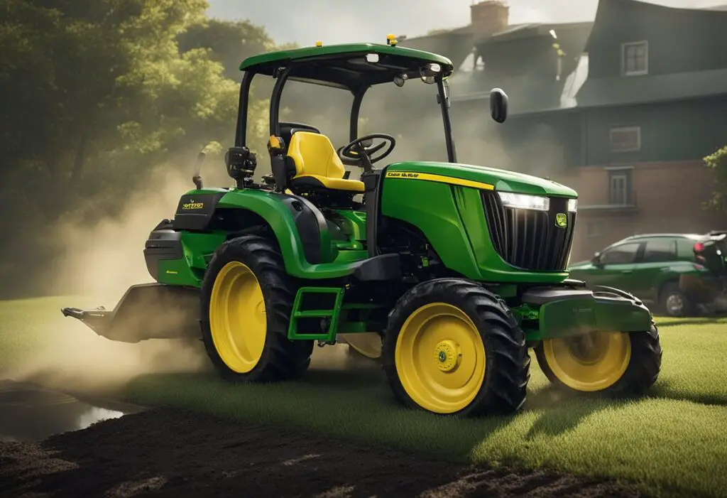 The John Deere X758 sits idle, smoke billowing from the engine. A puddle of oil forms beneath the mower, while the operator looks on with a furrowed brow