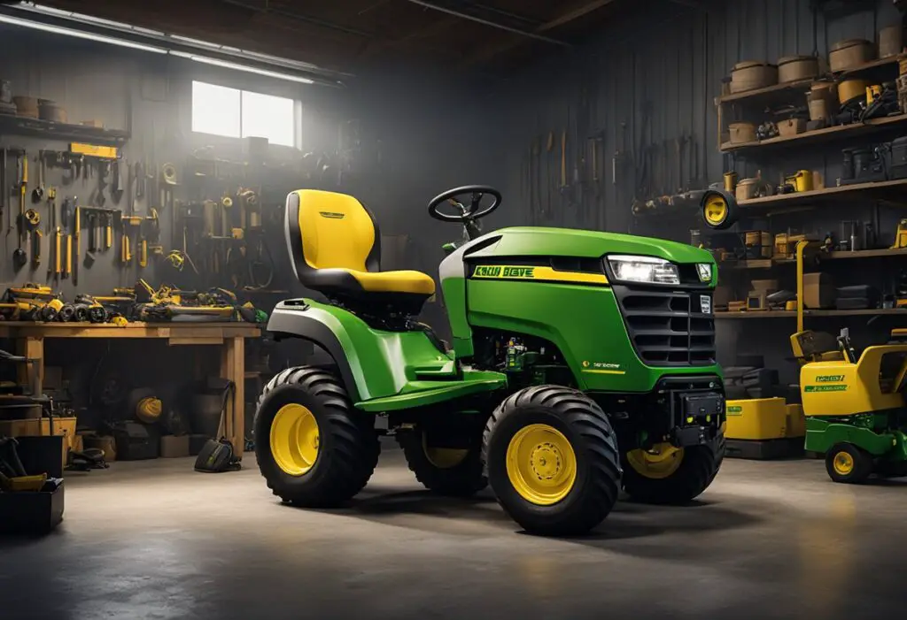 The John Deere x758 sits in a garage, its engine exposed as a mechanic troubleshoots. Tools and parts are scattered around, with a maintenance manual open on a workbench