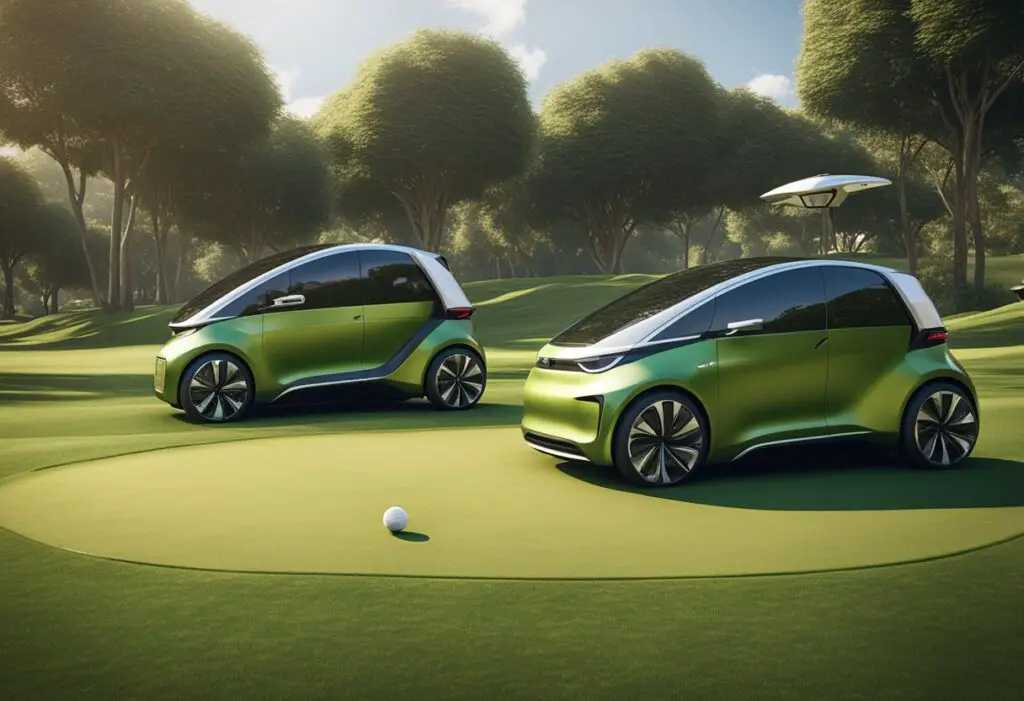 Star EV electric vehicle parked next to a club car on a green golf course