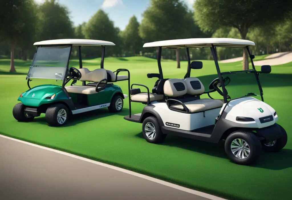 Two golf carts, one labeled "Design and Comfort Star EV" and the other "Club Car," parked side by side on a lush green golf course