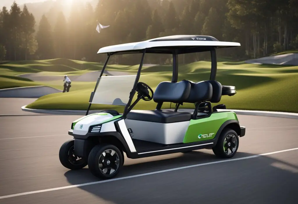 Two golf carts, "Performance" and "Power," race on a winding track. "EV" and "Club Car" logos are prominently displayed on the carts