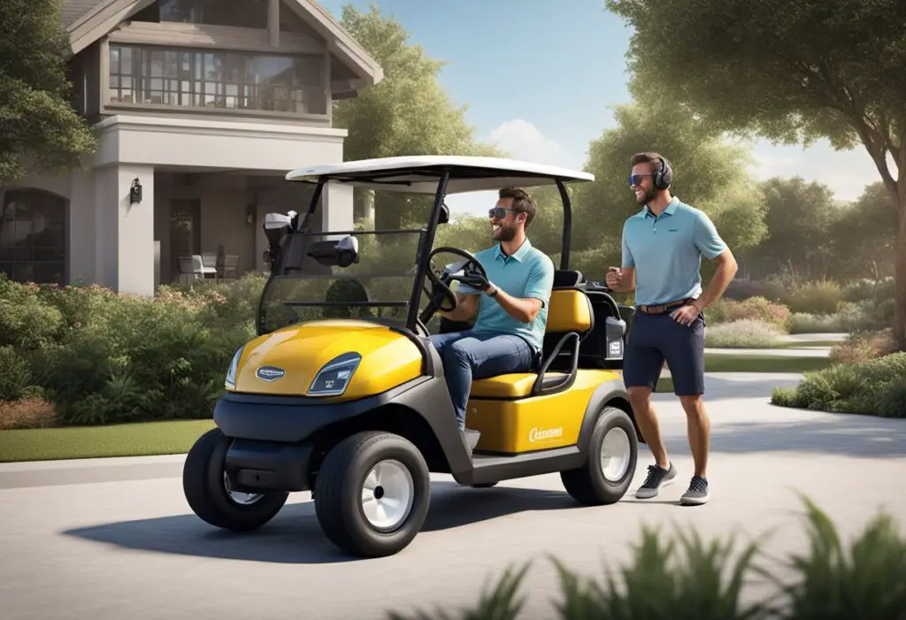 A customer smiling while receiving assistance with a Coleman golf cart, with a support representative nearby