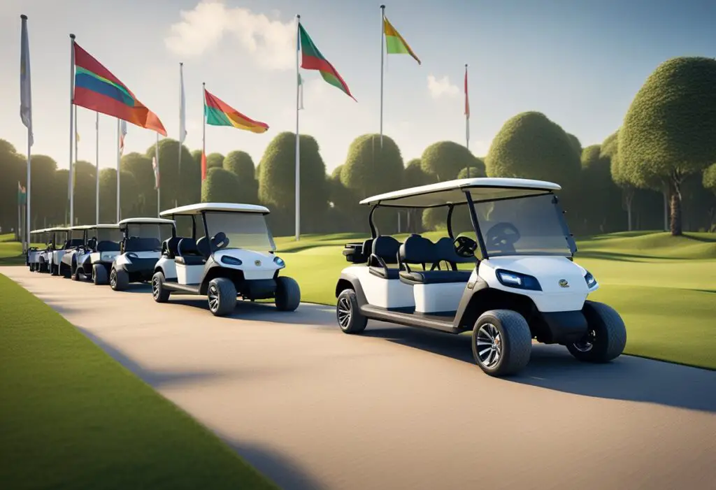A row of sleek electric golf carts lined up neatly on a pristine green golf course, with colorful flags fluttering in the gentle breeze