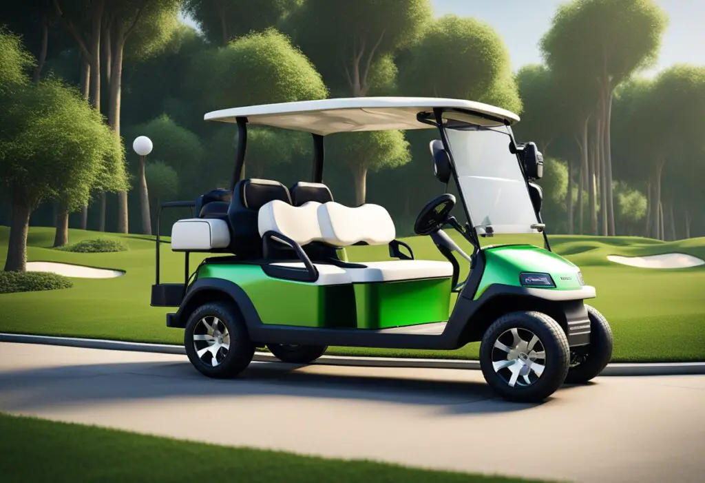 A golf cart parked on a lush green course, with sleek, modern design and a powerful electric motor. Charging station in the background