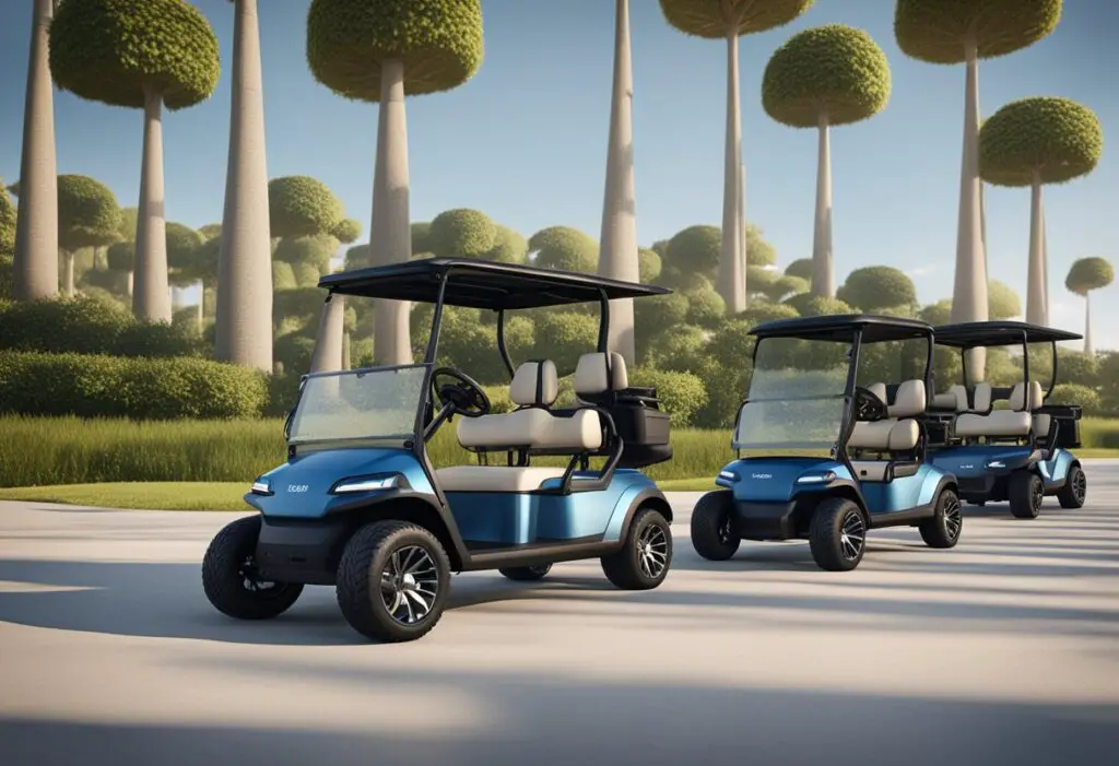Electric golf carts lined up neatly, with reviews and ratings displayed. Popular models highlighted