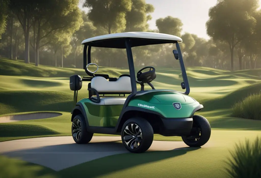 An electric golf cart with advanced technology features, such as GPS navigation and touch screen controls, glides smoothly across a lush green golf course