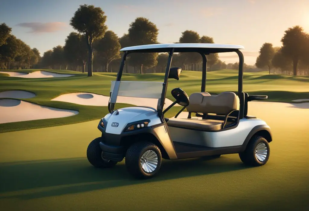 Two golf carts, EZGO TXT and RXV, facing each other on a grassy golf course. The sun is setting, casting a warm glow on the carts