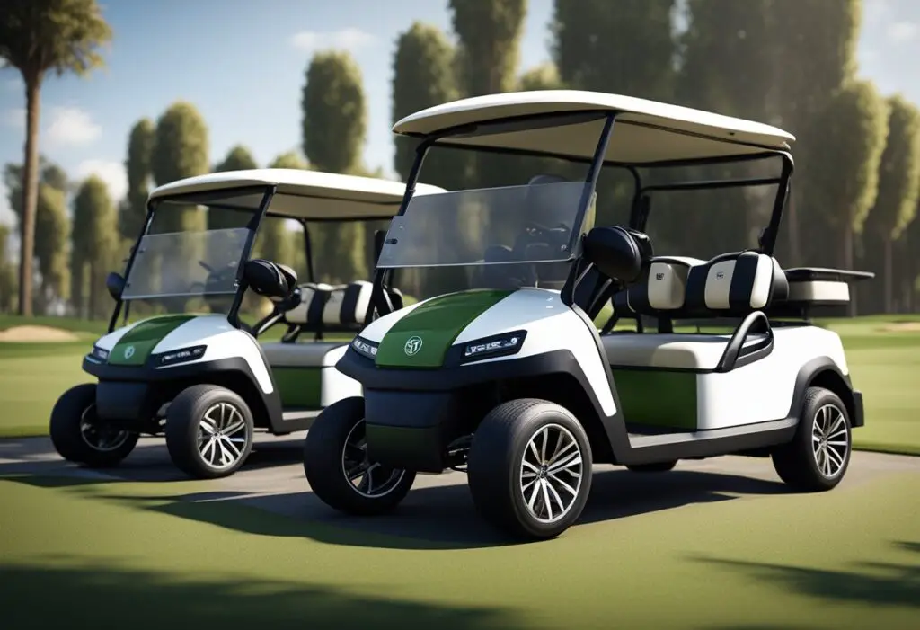 Golf carts lined up for review, with pricing and value analysis charts displayed nearby