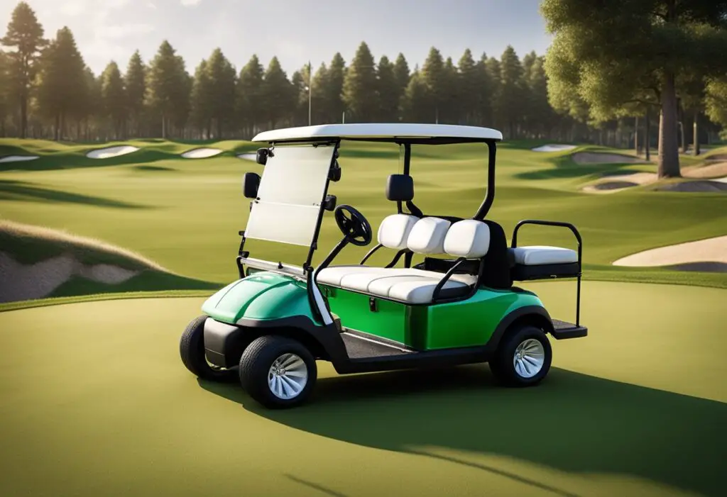 Two golf carts, Club Car and Precedent, racing side by side on a green course
