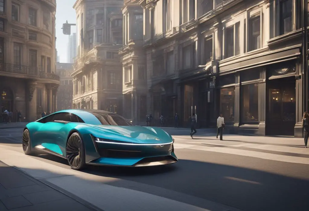 A sleek, futuristic car zooms past an outdated, traditional vehicle on a modern city street