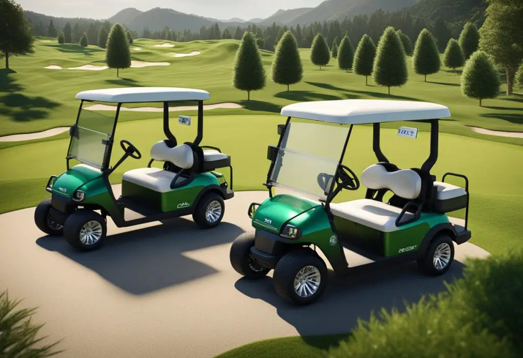 Two golf carts, one labeled "Evolution" and the other "Club Car," face off on a lush, green golf course, surrounded by rolling hills and tall trees