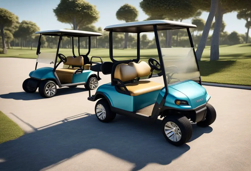 A golf cart and a Club Car are shown side by side, with the golf cart appearing worn and weathered while the Club Car looks sleek and well-maintained