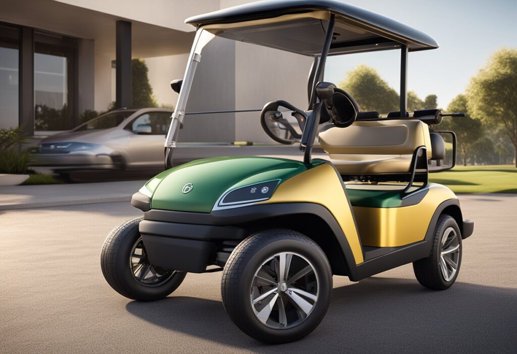A modern golf cart sits next to an older club car, showcasing the evolution of technology and innovation in golf cart design