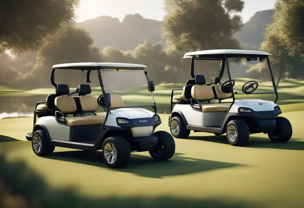 Two golf carts, one old and rugged, the other modern and sleek, parked side by side in a serene golf course setting