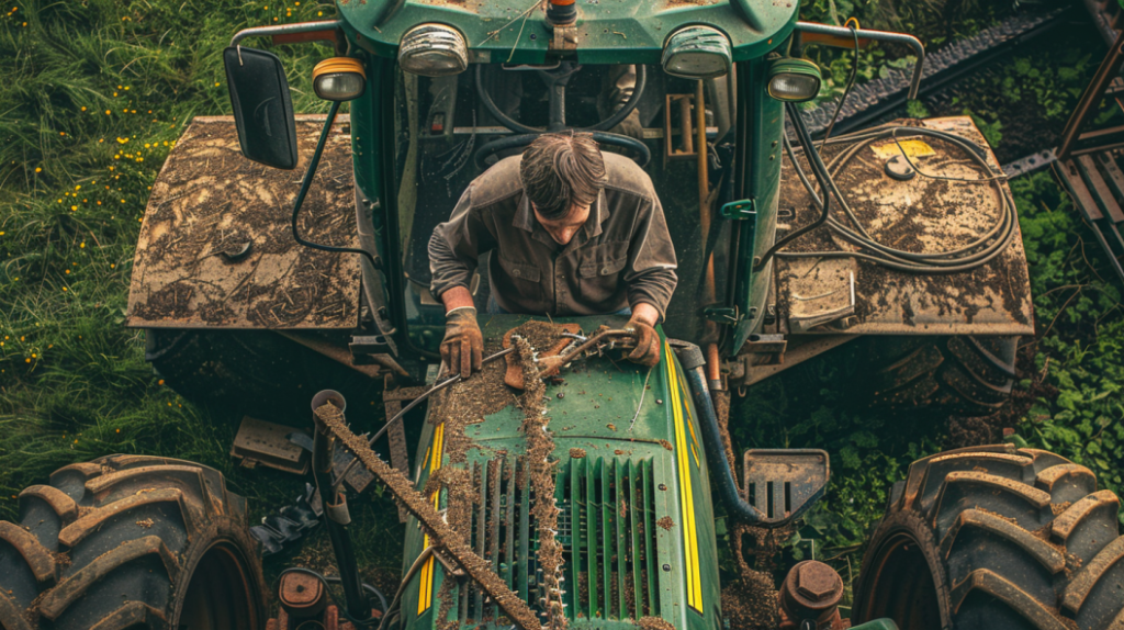 John Deere mechanic looking over the engine with a puzzled look on his face.