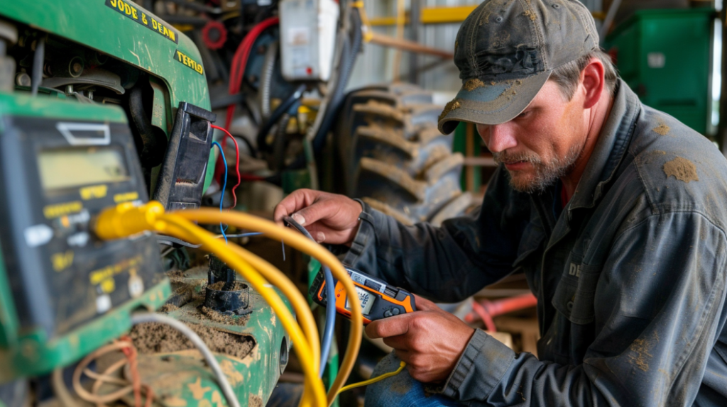 mechanic using a multimeter to test the battery, fuses, and wiring on a John Deere 755 tractor. Showing the mechanic checking connections and voltage levels for troubleshooting the electrical system issues.