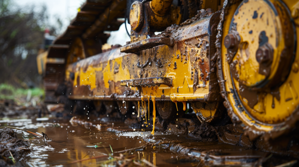 John Deere 3025D Problems: Troubleshooting and Maintenance focusing on Hydraulic System Failures. Showing a close-up of a leaking hydraulic hose with oil spilling.