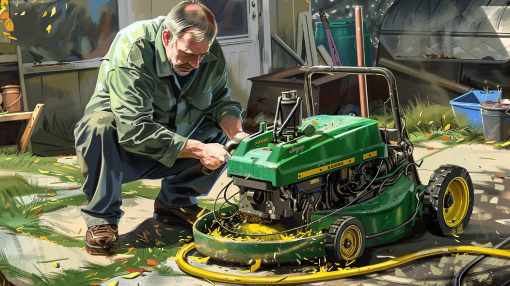 John Deere 345 lawnmower struggling to start, with a mechanic checking the fuel line and spark plug. Showing the troubleshooting process and potential solutions for starting and stalling issues.