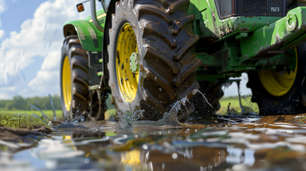 John Deere 4520 tractor with a visible hydraulic system leak. Showing fluid dripping from a hose or connection point, with a puddle forming underneath.