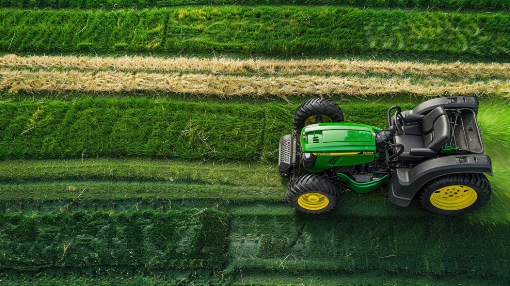 John Deere X330 riding lawn mower cutting grass unevenly. Shows one side of the lawn cut shorter than the other, with visible grass patches left behind.