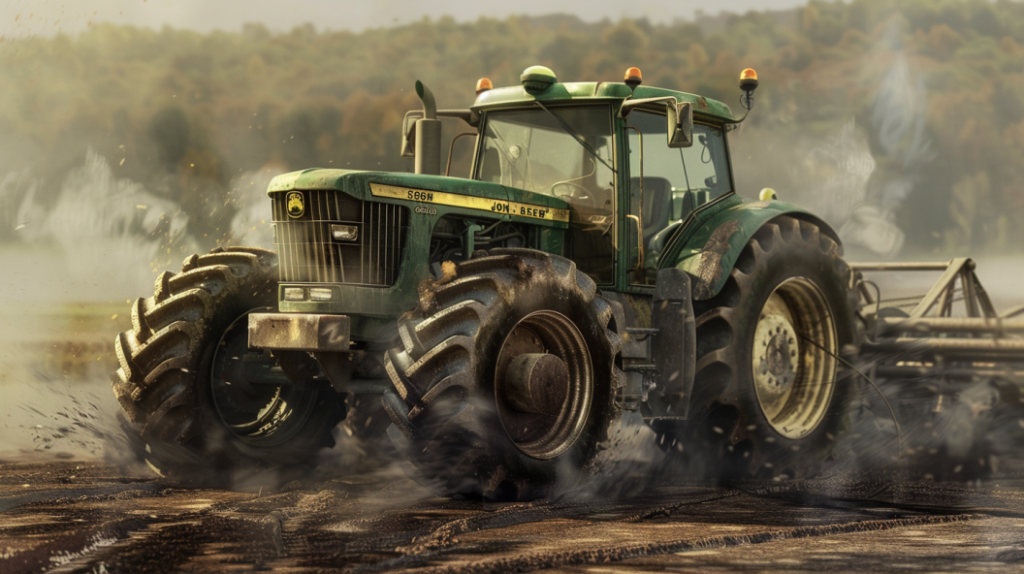 A John Deere tractor with an attachment being drug along, stalled in the middle of a field due to ongoing engine issues.