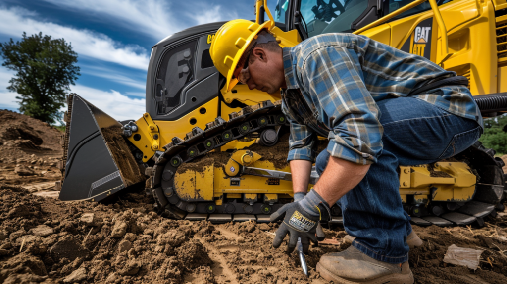 John Deere 323E compact track loader with a mechanic troubleshooting the engine, tracks, and hydraulic system. Shows common issues like overheating, track slipping, and hydraulic leaks.