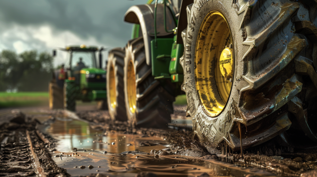 John Deere 3320 tractor with a flat tire, leaking fluids, and overheating engine. Showing a mechanic inspecting the tractor, checking oil levels, and replacing a damaged part.