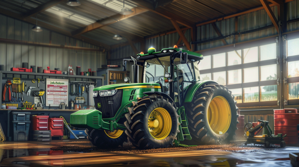 John Deere 4052R tractor in a workshop setting with tools, oil, filters, and a maintenance schedule chart. Showing a mechanic performing regular maintenance tasks like oil change and filter replacement.