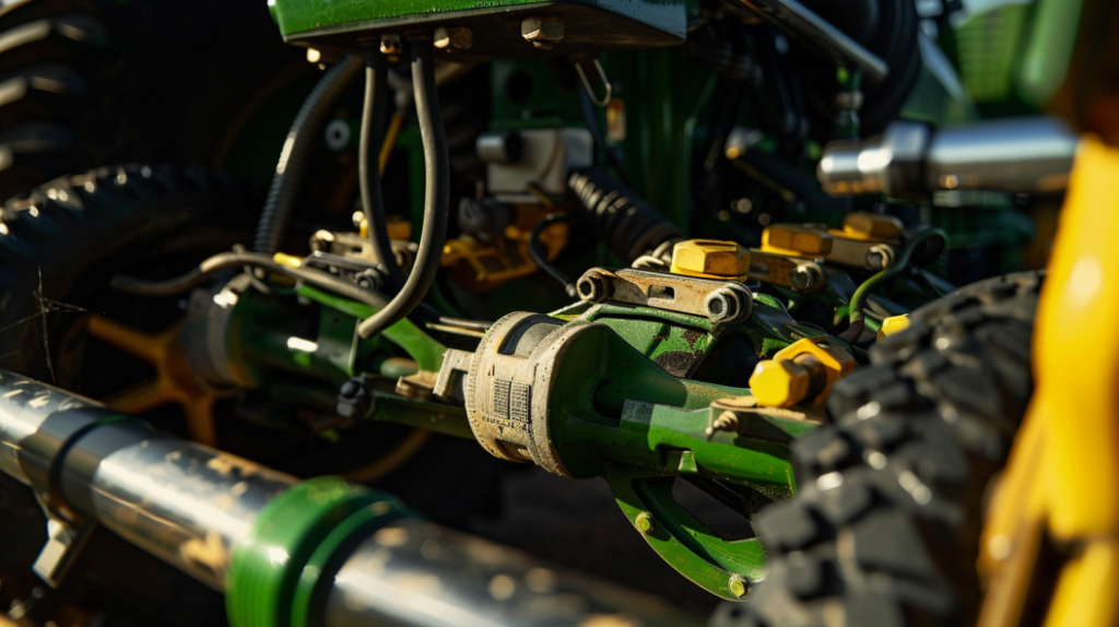 John Deere 4105 tractor with a visible hydraulic system malfunction. Includes leaking hoses, a disconnected cylinder, and a lack of fluid in the reservoir.