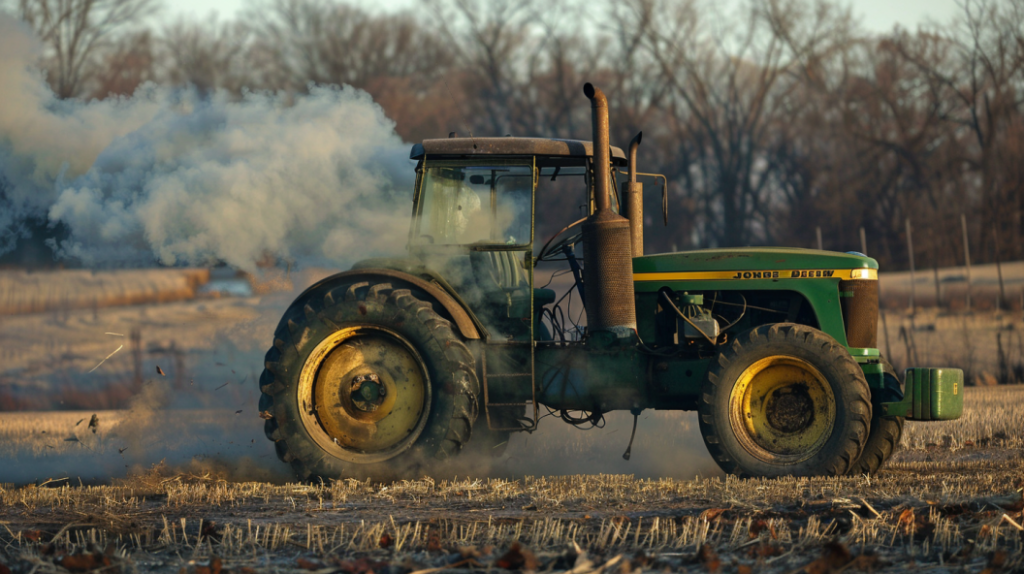 John Deere 4105 tractor with a smoking engine, leaking fluid, and a flat tire