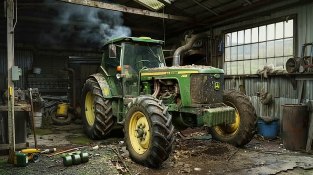 John Deere 4440 tractor with a smoking engine, leaking hydraulic fluid, and a cracked radiator. 