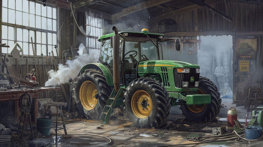 John Deere 4520 tractor with a smoking engine, surrounded by tools, a maintenance manual.